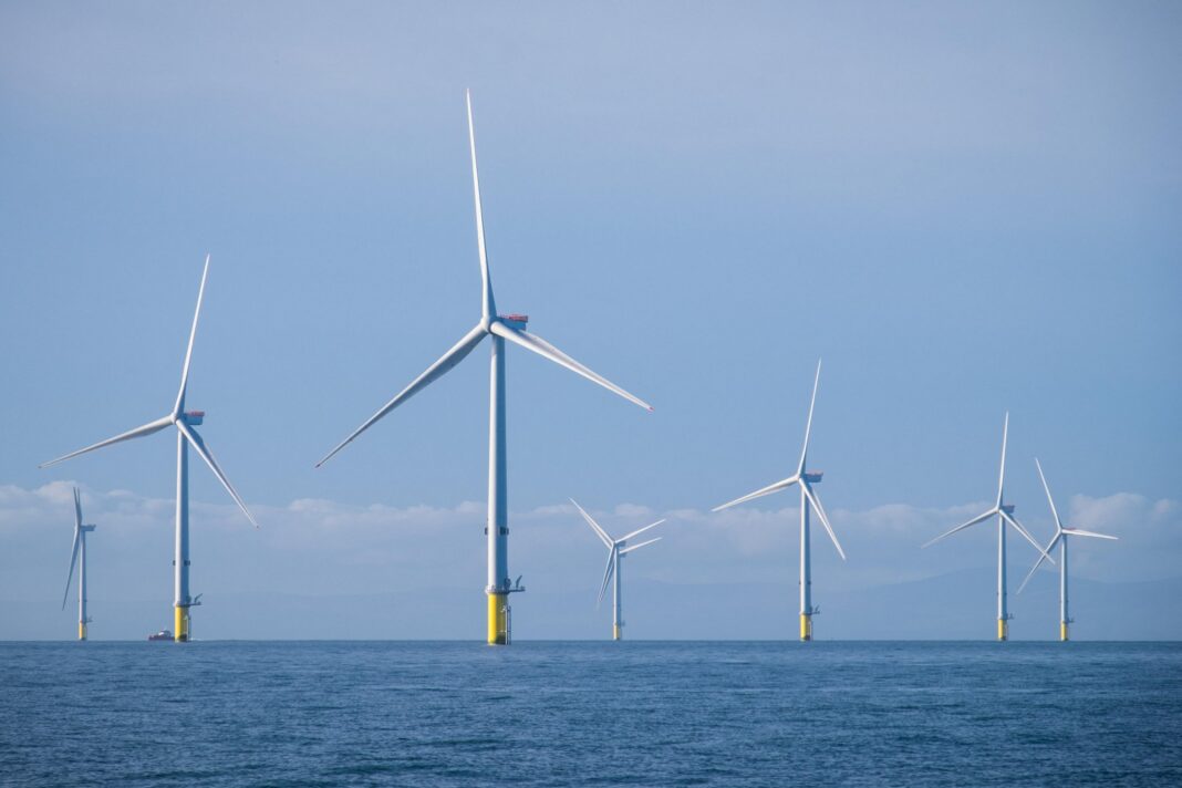 MHI Vestas V164-8.0MW wind turbines on the Walney Extension Offshore wind farm, the world's largest offshore wind farm. The turbines are one of the most powerful turbines in the world